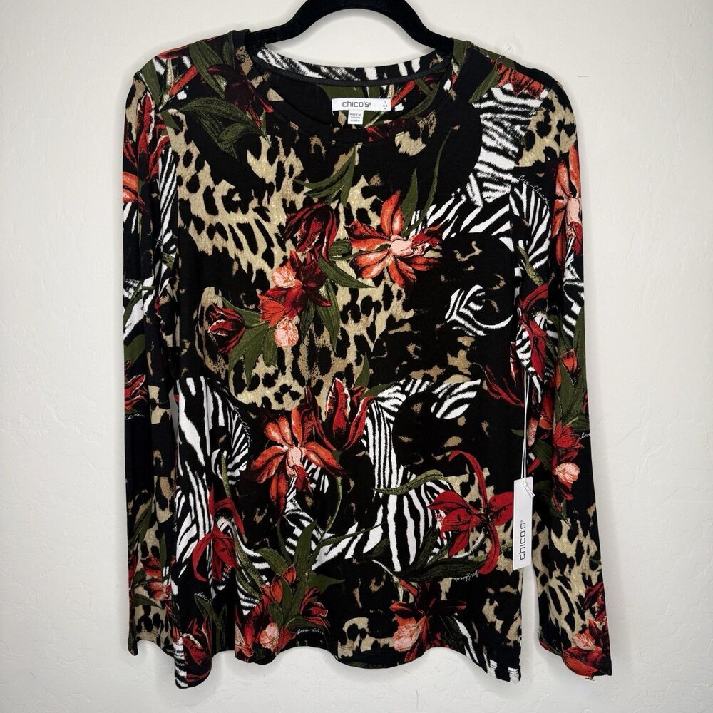 Chicos Touch of Cool M Paradise Jersey Knit Long Sleeve Top Animal Print Floral